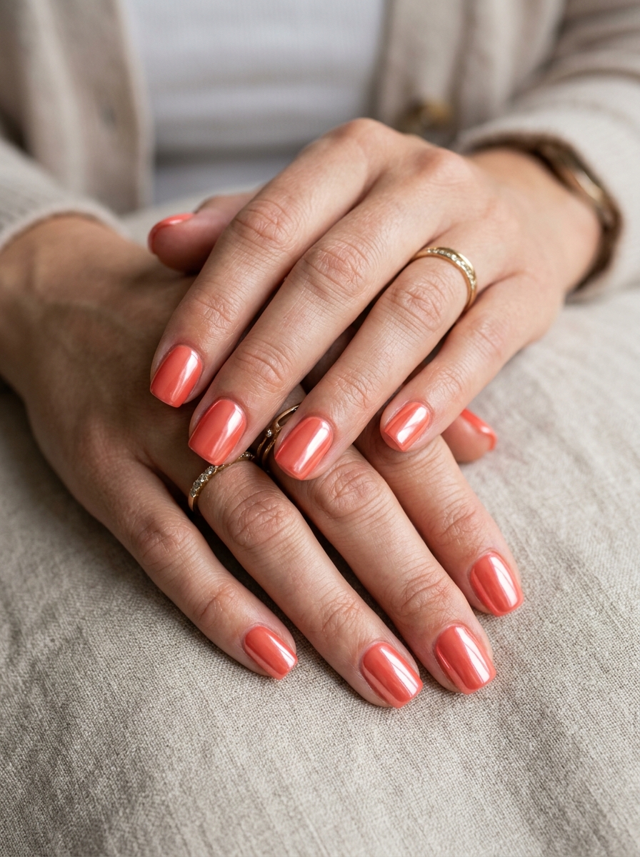 Coral Chrome Square Nails